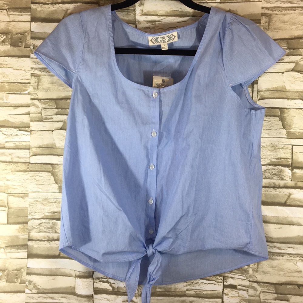 Pink rose large blue and white pin stripe top